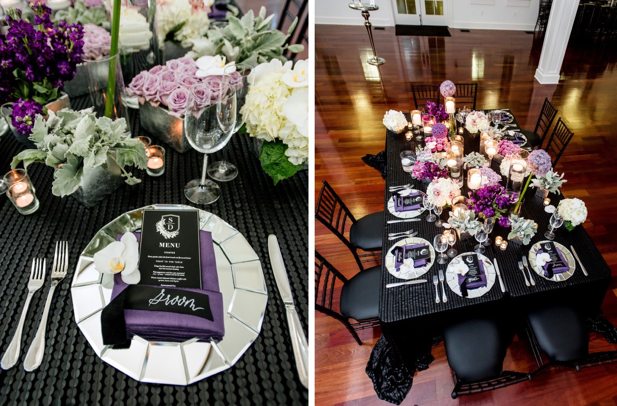 purple and black wedding table